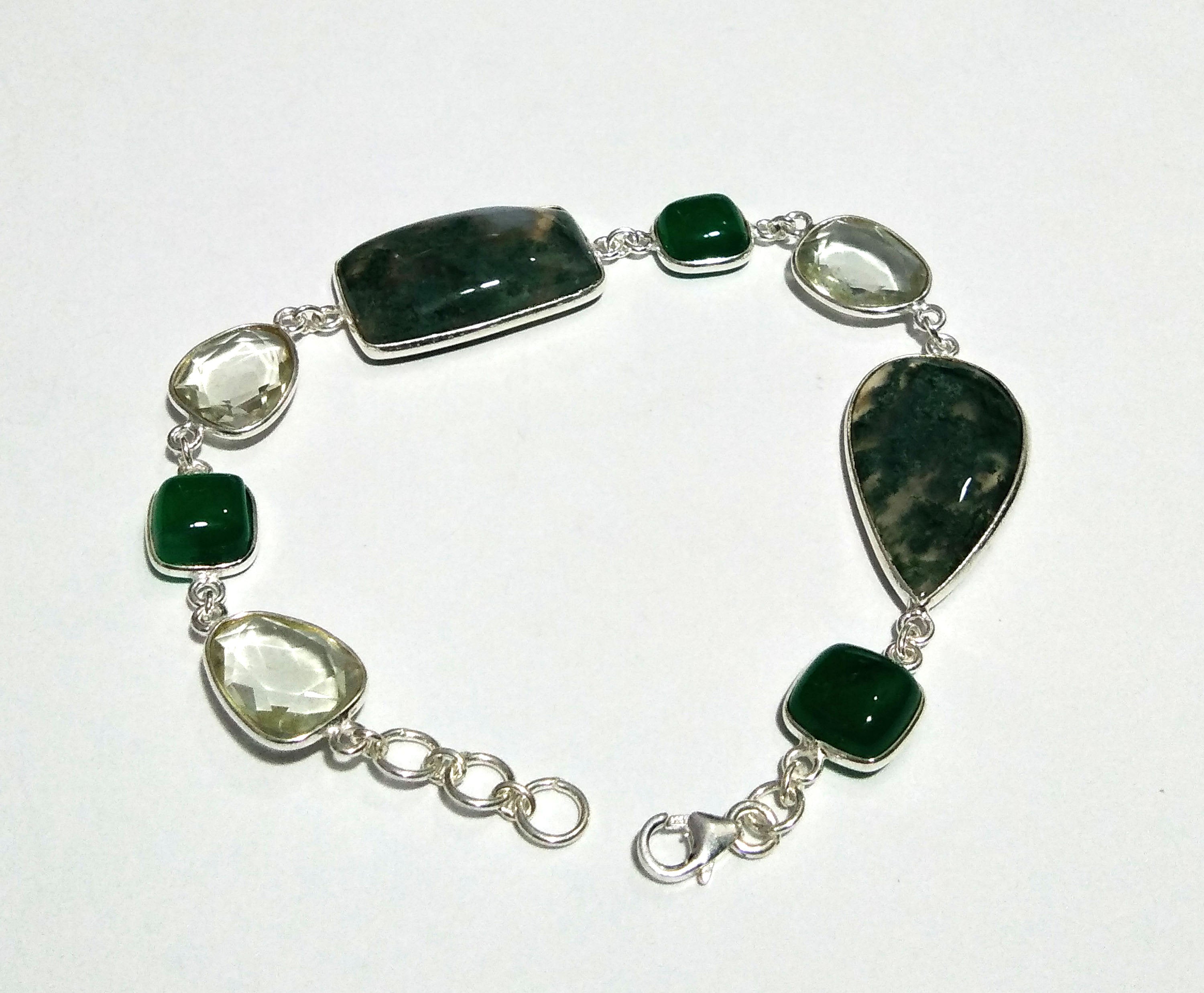 Natural Green Moss Agate/Green Onyx/Amethyst Gemstone Bracelet, 925 Sterling Silver Bracelet 8 inches Stone Size 25x15 mm to 9x9 mm Bracelet